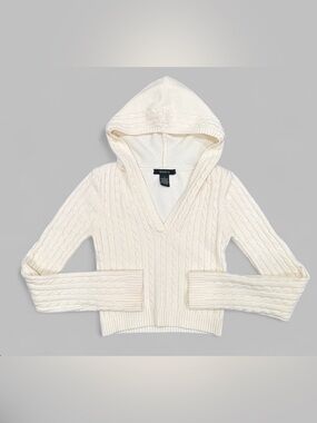 Arden B White Cable-Knit Cropped V-Neck Hooded Sweater